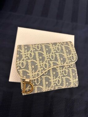 Dior Beige and Navy Saddle Wallet with Gold 'D' Charm